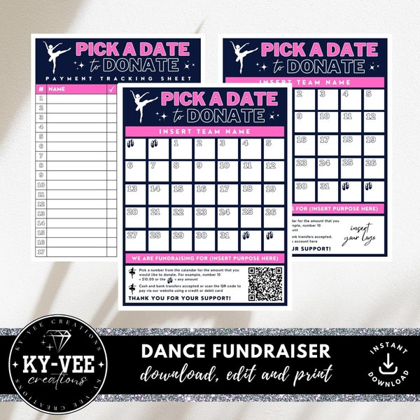 Pick a date to donate dance calendar, editable sponsor package Canva template with the option to add QR code or logo, pay the day fundraiser