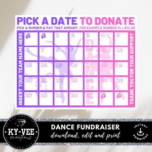 May include: A printable pink and purple calendar with a dance theme. The calendar has a silhouette of a dancer in each square. The text "Pick a Date to Donate" is at the top of the calendar. The text "Thank You for Your Support" is on the right side of the calendar. The text "Dance Fundraiser" is at the bottom of the calendar.