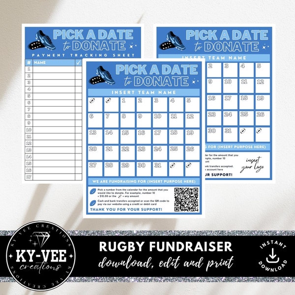 Rugby-inzamelingskalender, bewerkbare kies een datum/dag om een sportevenement te doneren, sponsorpakketsjabloon met optie om QR-code en logo toe te voegen