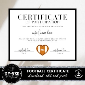 Peut inclure: Un certificat de participation imprimable avec un motif de cœur en forme de ballon de football. Le texte indique "Certificat de participation" et "Merci pour une saison exceptionnelle et/ou ajoutez votre propre message ici".