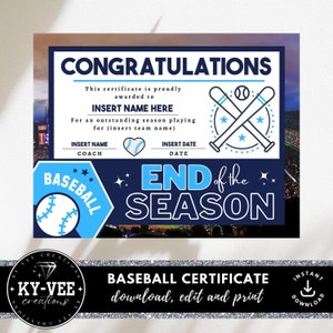 Plantilla de premios de béisbol de fin de temporada, certificado editable de ligas menores para la ceremonia del equipo deportivo, premio Canva de reconocimiento azul imprimible