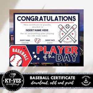 Modelo de certificado de beisebol editável, prêmio de jogador do dia para time/clube esportivo, modelo para impressão da liga infantil, jogador mais valioso