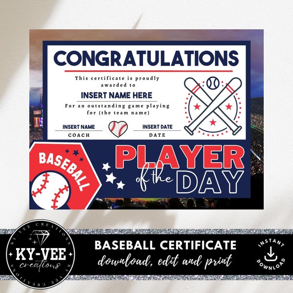 Editable baseball certificate template, Player of the day award for sports team/club, little league printable template, most valuable player