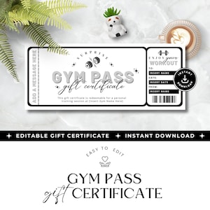Puede incluir: Un vale de regalo de gimnasio en blanco y negro con las palabras "GYM PASS gift certificate". El certificado incluye áreas para insertar el nombre del destinatario, la fecha y el nombre del remitente. El certificado también tiene las palabras "Enjoy your workout".