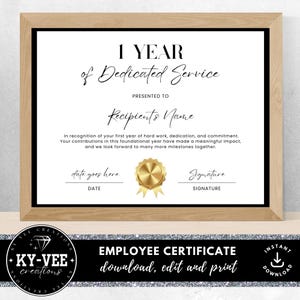 Certificado de 1 ano de serviço, Prêmio de funcionário, Serviço dedicado, Editável, Imprimível, Modelo Canva, Reconhecimento de trabalho, Download instantâneo
