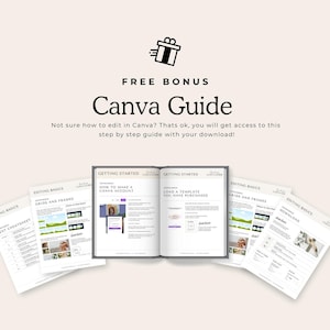 May include: A free Canva guide with a white background and a gift box icon. The guide includes pages on how to make a Canva account, load a template, grids and frames, and text cheatsheet.