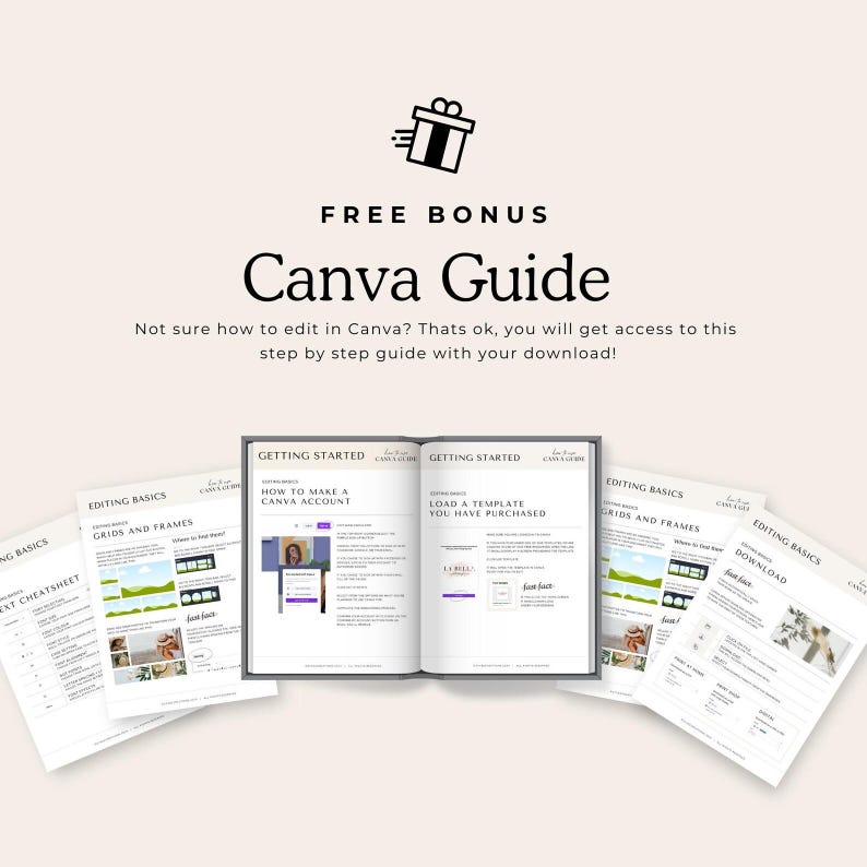May include: A free Canva guide with a white background and a gift box icon. The guide includes pages on how to make a Canva account, load a template, grids and frames, and text cheatsheet.