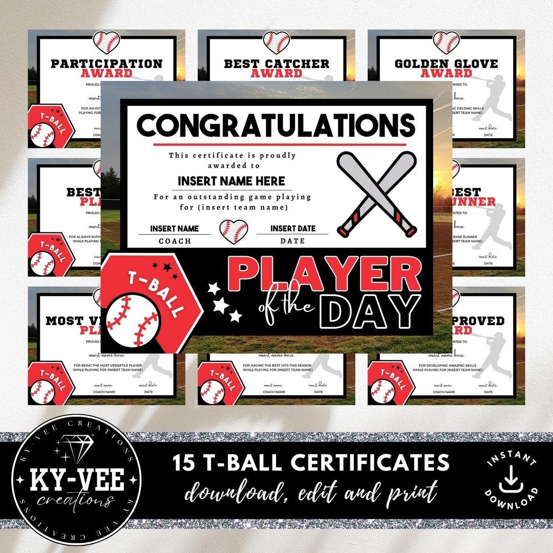 15 T Ball Certificate Templates, INSTANT DOWNLOAD, Editable Tball