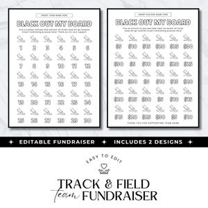 Könnte beinhalten: Zwei schwarz-weiße Spendenaktionen mit dem Text "BLACK OUT MY BOARD". Eine Tafel hat die Zahlen 1-30, die andere Beträge von 5 bis 30 €. Der Text "TRACK & FIELD Team FUNDRAISER" steht unten.