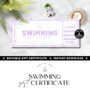 May include: A light purple swimming gift certificate with the words "SWIMMING gift certificate" in a script font. The certificate has areas to insert the recipient's name, date, and the giver's name. The words "Enjoy your lessons" are also visible.