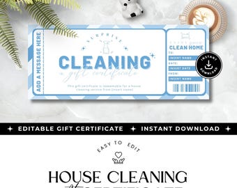 Chèque-cadeau pour le ménage, modèle de carte-cadeau pour le ménage, bon de réduction modifiable pour le ménage, billet Canva, téléchargement immédiat, bleu