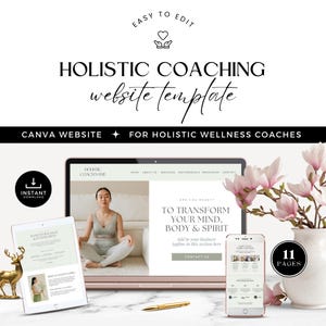 Può includere: Un modello di sito web Canva per coach di benessere olistico. Il modello presenta uno schema di colori rosa chiaro e bianco con una foto di una donna che medita. Il testo sul sito web dice "Sei pronto a trasformare la tua mente, il tuo corpo e il tuo spirito?" e "Aggiungi il tuo slogan aziendale in questa sezione qui. Contattaci."