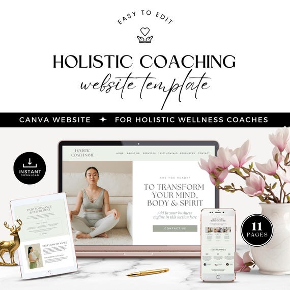Holistic health and wellness website, Holistic wellness Canva website template, Therapist coaching business, editable landing sales page