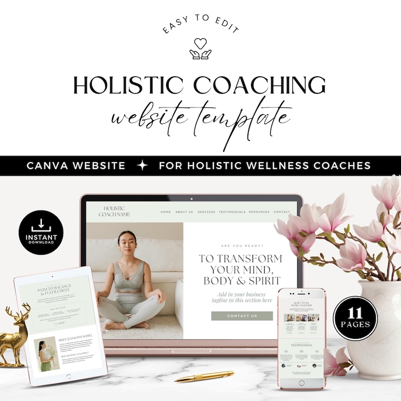 May include: A Canva website template for holistic wellness coaches. The template features a light pink and white color scheme with a photo of a woman meditating. The text on the website says "Are you ready to transform your mind, body & spirit?" and "Add in your business tagline in this section here. Contact us."
