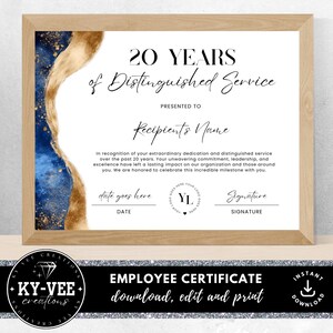 20 anos de serviço distinto, certificado de premiação para funcionários, aniversário de trabalho, anos de serviço, para impressão, editável, modelo Canva
