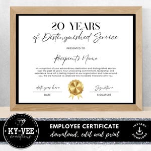 20 anos de serviço distinto, certificado de prêmio para funcionários, aniversário de trabalho, anos de serviço, imprimível, editável, modelo Canva, dourado