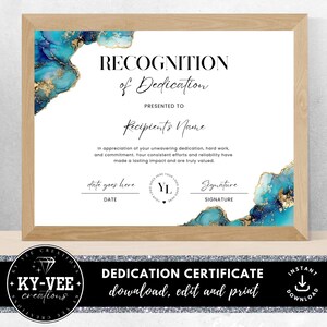 Certificato di riconoscimento della dedizione, modello di apprezzamento dei dipendenti, DOWNLOAD IMMEDIATO, premio stampabile per i dipendenti con inchiostro alcolico blu