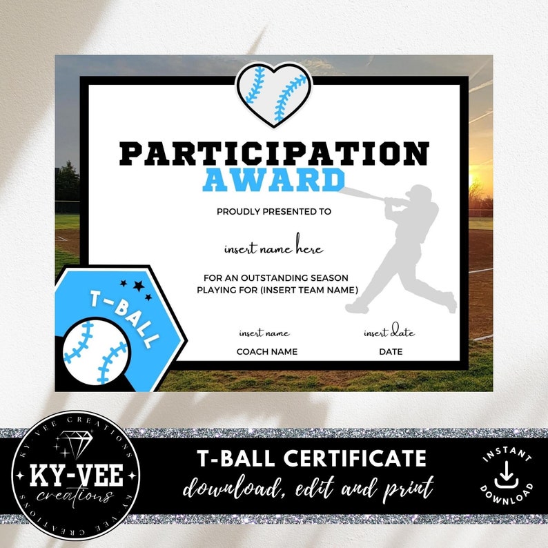 T Ball Certificate Template, INSTANT DOWNLOAD, Editable Participation ...
