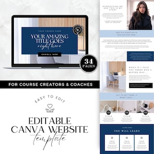 May include: A website template for course creators and coaches. The template is easy to edit and includes 34 pages. The template features a blue and white color scheme and includes text that says "Your Amazing Title Goes Right Here".