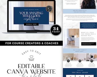 Editable Canva Website Template for Course Creators & Coaches, easy to edit Sales page, landing page designed to showcase your course, blue