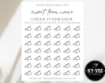 Cheer fundraiser template, clear the board, minimal fundraising poster for sports team or club, colour in the megaphones, sponsor my uniform