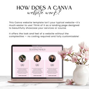 May include: A laptop computer screen displaying a website template with the text "CHECK OUT OUR TESTIMONIALS". The website features three testimonials with images of people and text in speech bubbles. The laptop is on a white surface with a pink flower arrangement in a white vase.
