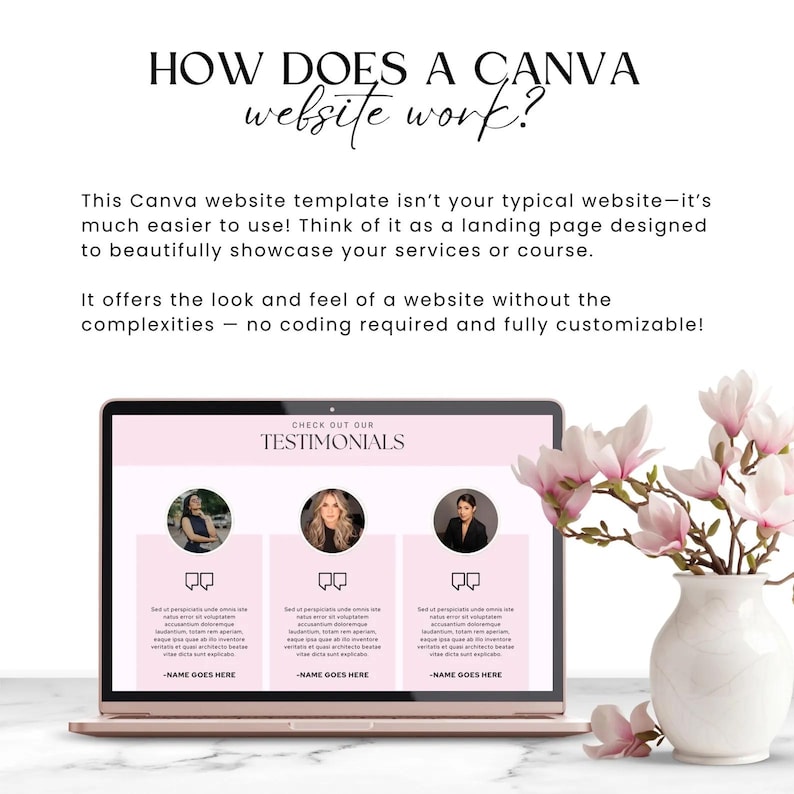 May include: A laptop computer screen displaying a website template with the text "CHECK OUT OUR TESTIMONIALS". The website features three testimonials with images of people and text in speech bubbles. The laptop is on a white surface with a pink flower arrangement in a white vase.