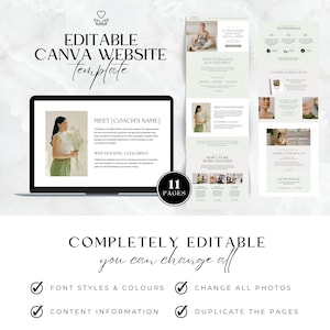 May include: Editable Canva website template for coaches. The template includes 11 pages with a green and white color scheme. The template features a photo of a woman holding flowers, text that says "Meet [Coach's Name]" and "Why Holistic Coaching?" and a section that says "How Can We Work Together?"
