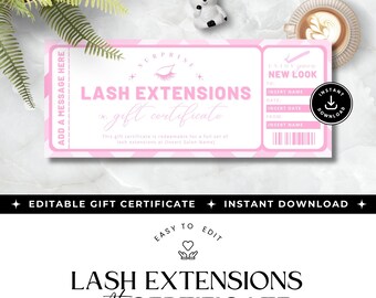 May include: A pink and white Lash Extensions gift certificate with text that reads "Lash Extensions gift certificate". The certificate includes fields for the recipient's name, date, and a message.