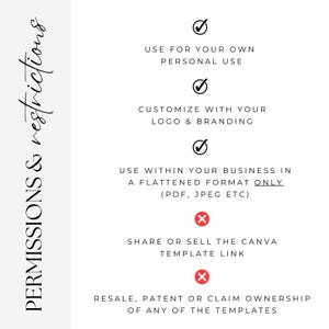 May include: A graphic with a list of permissions and restrictions for using a Canva template. The graphic includes checkmarks and X marks to indicate what is allowed and what is not allowed. The text includes: "Use for your own personal use", "Customize with your logo & branding", "Use within your business in a flattened format only (PDF, JPEG etc)", "Share or sell the Canva template link", and "Resale, patent or claim ownership of any of the templates".