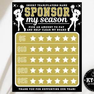 Clear the board fundraiser, sponsor my cheer season template, black out my board, printable cheerleading team fundraising editable, gold