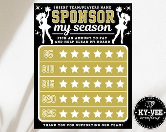 Clear the board fundraiser, sponsor my cheer season template, black out my board, printable cheerleading team fundraising editable, gold