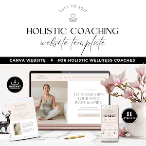 Op de afbeelding: Een Canva-website sjabloon voor holistische wellness coaches. Het sjabloon heeft een roze en witte kleurschema met een foto van een mediterende vrouw. De tekst op de website zegt "Ben je klaar om je geest, lichaam en geest te transformeren?" en "Neem contact met ons op".