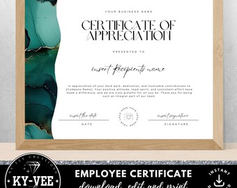 Puede incluir: Una plantilla de certificado de agradecimiento imprimible con un fondo abstracto verde azulado y dorado. El texto dice "Certificado de Apreciación" e incluye espacio para insertar el nombre del destinatario, la fecha y la firma.