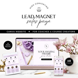 Página de destino de imán de clientes potenciales, plantillas de Canva, para entrenadores y creadores de cursos, sitio web de membresía de Canva, embudo de ventas de alta conversión, morado