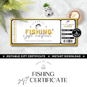 Modello di buono regalo per la pesca stampabile, DOWNLOAD IMMEDIATO, buono regalo modificabile per una gita di pesca, carta regalo per la pesca, nero/oro