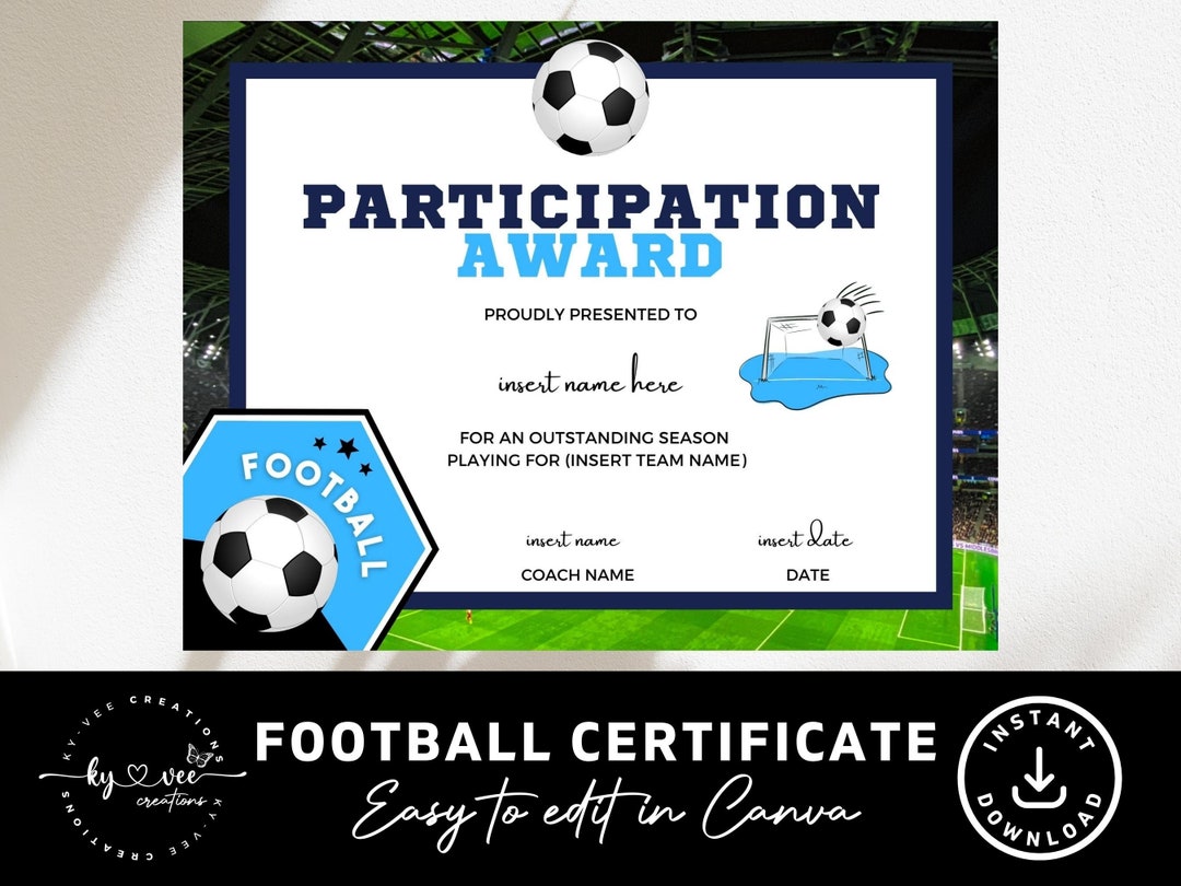 Football Certificate of Participation INSTANT DOWNLOAD Etsy
