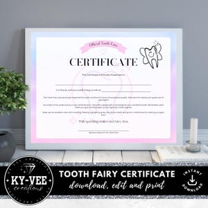Certificat de fée des dents, lettre imprimable de fée des dents, modèle de toile modifiable, récompense pour enfants, souvenir amusant de perte de dents, téléchargement immédiat