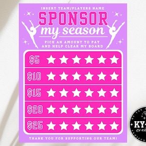 Clear the board fundraiser for gymnastics team, sponsor my season, black out my board, printable fundraising Canva template, pink & purple