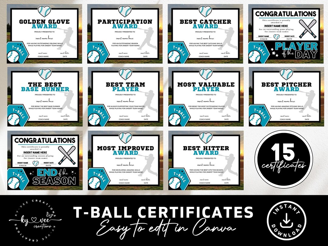 15 T Ball Certificate Templates INSTANT DOWNLOAD Editable - Etsy