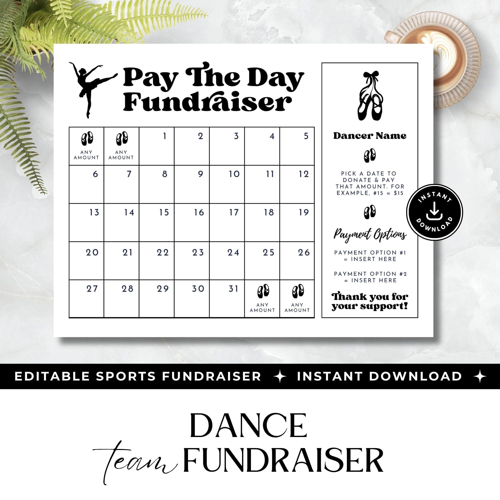 Pay the Day dance calendar, pick a date to donate, dance team fundraiser, sponsor Canva template, printable dance studio fundraising