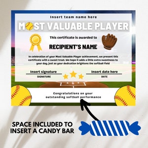 Softball certificate, MVP award, printable candy bar sports award for softball team, editable Canva template, most valuable player gift cert