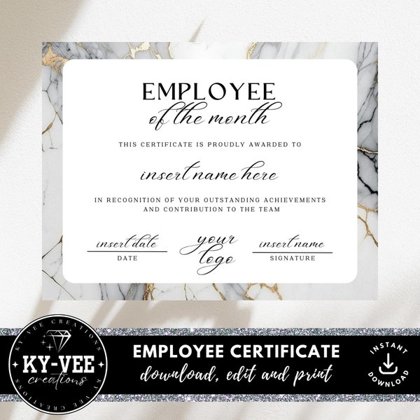 Employee recognition certificate template, INSTANT DOWNLOAD, printable employee of the month award with marble border, appreciation gift