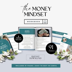 Könnte beinhalten: Ein blaugrünes und weißes Arbeitsbuch mit dem Titel "The Money Mindset Workbook" und einem Herzsymbol. Das Arbeitsbuch umfasst 91 Seiten und ist einfach in Canva zu bearbeiten. Das Bild zeigt auch eine Nahaufnahme einer Seite mit dem Text "Welcome to Your Money Mindset Makeover".