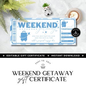 Druckbare Reise Geschenkgutschein Vorlage, INSTANT DOWNLOAD, Wochenendausflug Geschenkgutschein, DIY Happy Birthday Karte, bearbeitbare Reisekarte