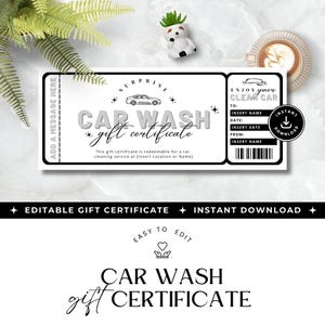 Car wash gift certificate, Auto detailing gift certificates, editable appreciation gift voucher, printable Canva ticket templates,3 per page