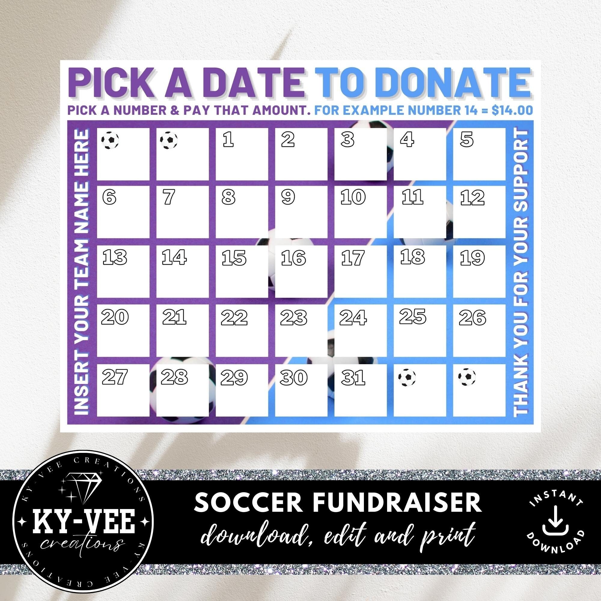 Editable Pick A Date To Donate Soccer Fundraiser Calendar 