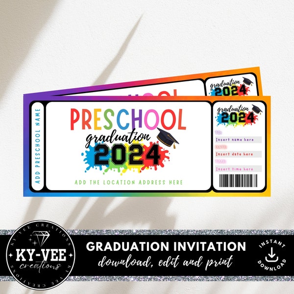 Preschool graduation invitation template, INSTANT DOWNLOAD, Printable preschool graduation invite ticket, Editable 2024 kids graduate party