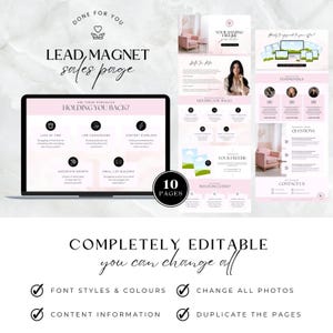 May include: A pink and white digital marketing lead magnet sales page template with the text "Lead Magnet Sales Page" and "Are these struggles holding you back?"  The template includes 10 pages and is completely editable.  The text "Completely Editable, you can change all" is displayed below the template.
