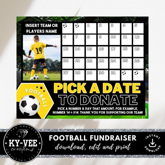 Editable Pick A Date To Donate Soccer Fundraiser Calendar 